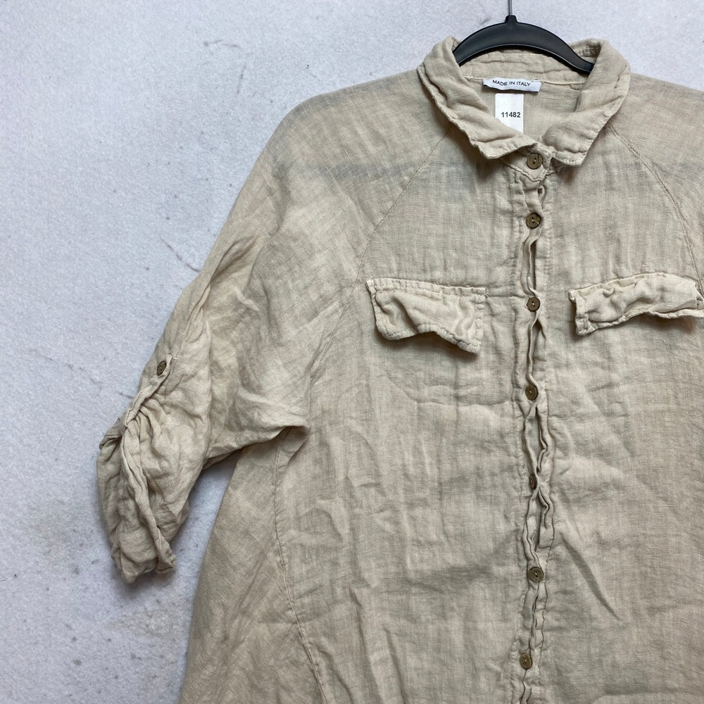 Linen Tunic Dress Womens One Size Beige High Low Roll Tab Sleeve Made in Italy - Picture 5 of 8